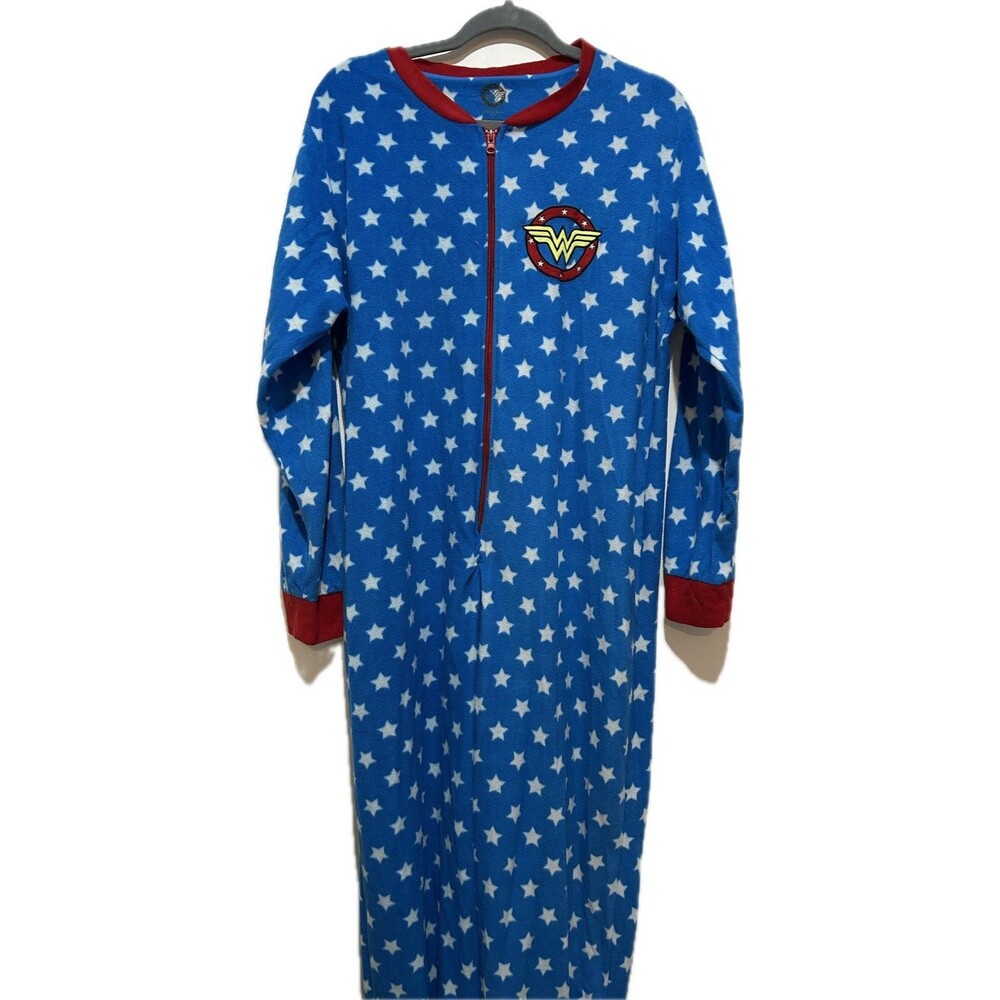 DC Comics Wonder Woman Women's Blue Star Fleece Footed Zip One Piece 2XL